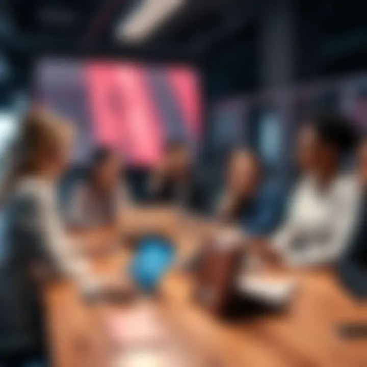 A diverse group of professionals brainstorming around a table with laptops and AI tools to develop business ideas in video and messaging automation.