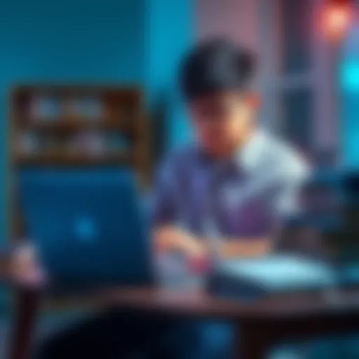 A student sitting at a desk with a laptop, AI software assisting in completing undergraduate assignments, books stacked nearby