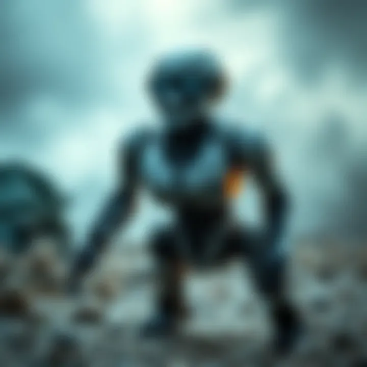 A military AI-powered combat robot preparing for a mission on a battlefield.