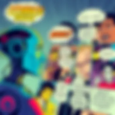 An AI program creating colorful comic panels with characters and dialogue bubbles.