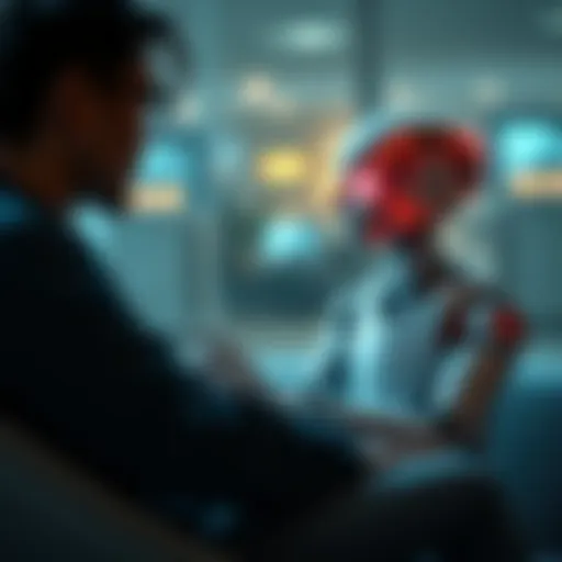 AI Companion and Person Interaction A person sitting with a friendly AI companion, both engaged in conversation and sharing emotions, reflecting the balance between technology and real-life relationships.