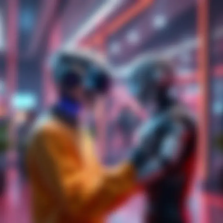 A virtual scene showing a person interacting with an AI companion in a vivid environment.