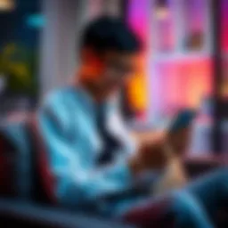 A person sits comfortably, smiling while chatting with an AI companion on a smartphone, illustrating modern companionship.