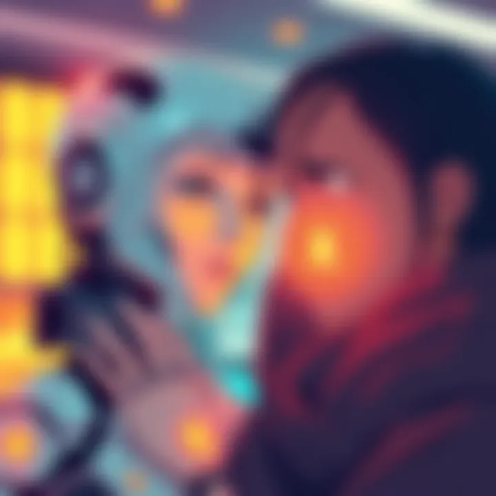 A digital illustration of an AI companion interacting with a person, showcasing a thoughtful expression and a glowing memory feature, emphasizing the connection between human emotions and technology.