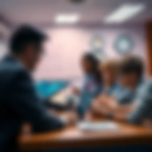 A classroom with a teacher and students using AI technology for learning. A laptop shows educational software, while students engage with the AI tools.