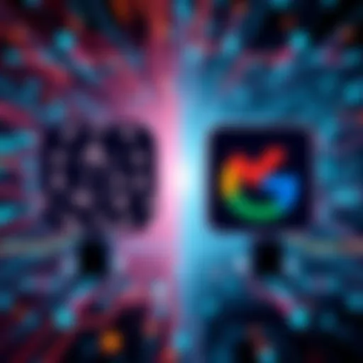 A split image showing OpenAI and Google logos facing off in a tech-themed background, symbolizing the competition in artificial intelligence.