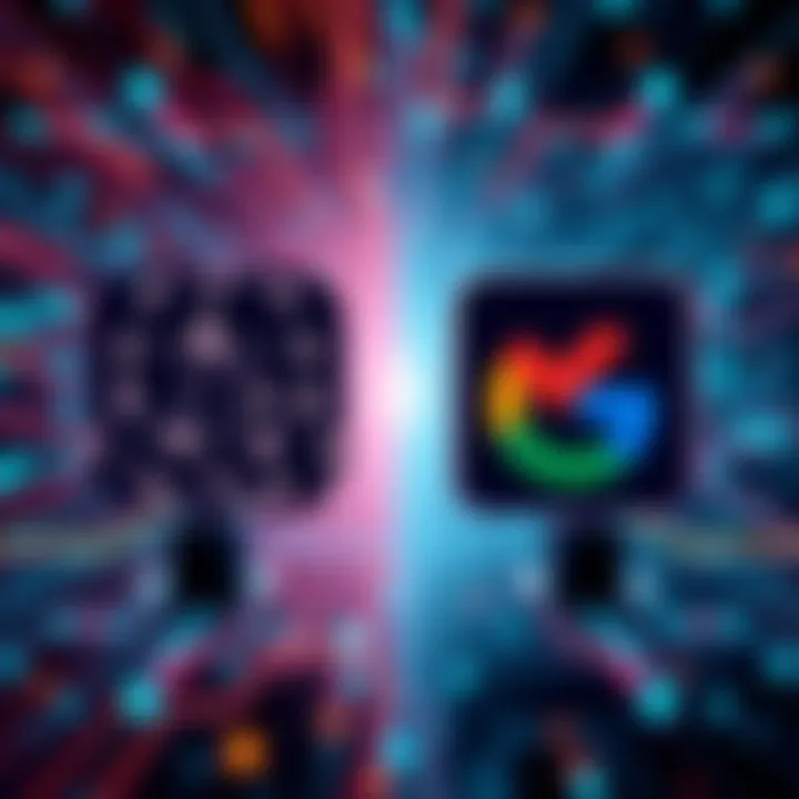 A split image showing OpenAI and Google logos facing off in a tech-themed background, symbolizing the competition in artificial intelligence.