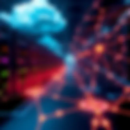 A visual representation of centralized AI computing with cloud servers and limited access points, contrasted with decentralized network nodes symbolizing the Qubic project.