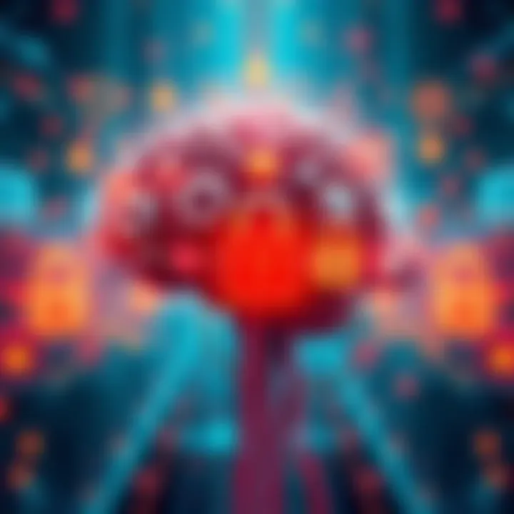 A graphic representation of artificial intelligence, showcasing a brain made of circuits with gears and locks symbolizing limitations, surrounded by icons of various specialized tasks.