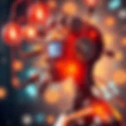 A visual representation of artificial intelligence creating ideas, featuring a robot brainstorming with lightbulbs and gears around it.
