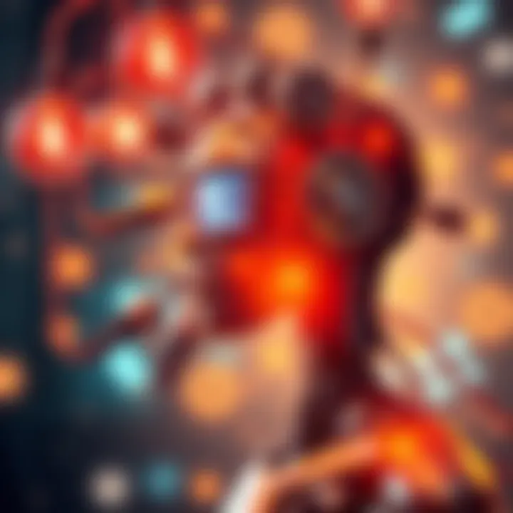 A visual representation of artificial intelligence creating ideas, featuring a robot brainstorming with lightbulbs and gears around it.