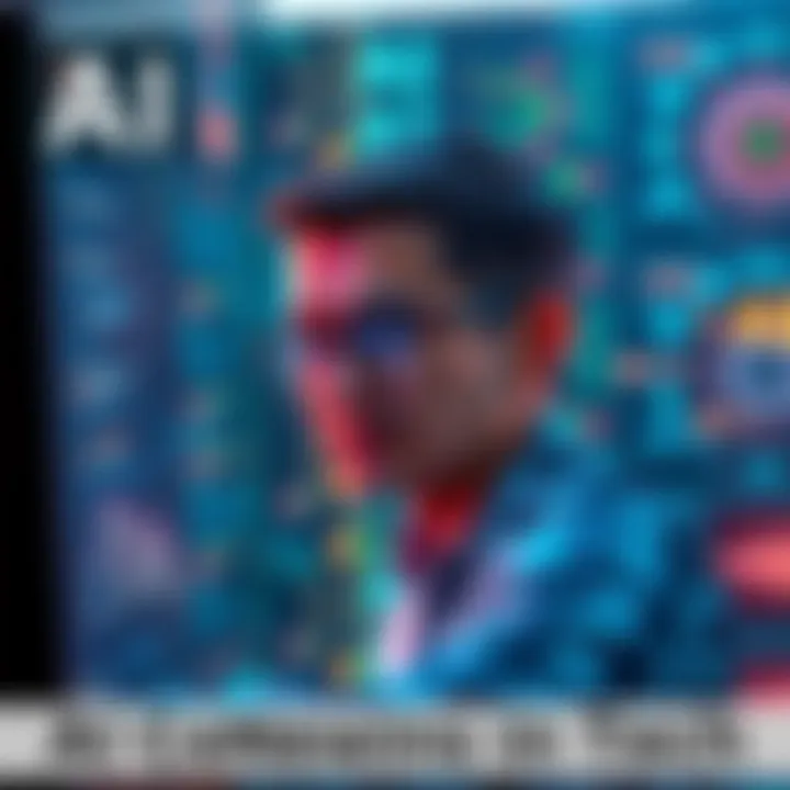A concerned researcher looking at a computer screen with AI code and graphics, symbolizing fears about advanced AI technology.