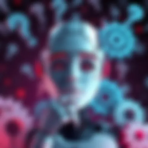 An illustration of a robot with a thoughtful expression, surrounded by question marks and gears, symbolizing the debate about AI consciousness and performance.