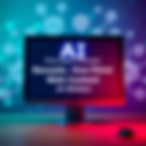 A graphic showing a computer screen displaying text with AI symbols around it, highlighting the rise of AI-generated content.