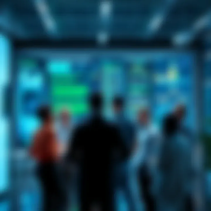 A diverse group of people discussing AI technology in a modern office setting, with digital screens displaying charts and algorithms in the background.