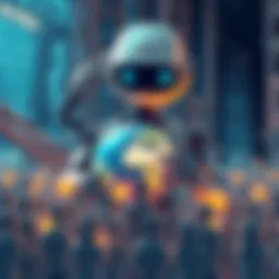 An illustration showing a large robot holding a globe surrounded by smaller people looking concerned, symbolizing the impact of AI on knowledge control.