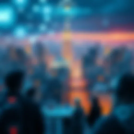 A digital representation of AI technology overseeing a city, with people interacting with devices under the watchful eye of a digital interface.