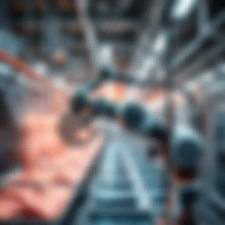 AI-Controlled Meat Robot in Action A robotic arm working in a meat processing facility, showcasing automation and precision in food production