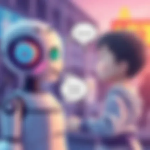 An illustration showing a friendly AI symbol interacting with a child. The child looks puzzled while the AI suggests quirky solutions to a complex question, hinting at a bureaucratic approach.
