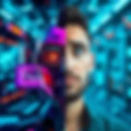 A split image showing a futuristic tech scene on one side and a person with a puzzled expression on the other, representing the difference in expectations and reality of AI discussions.