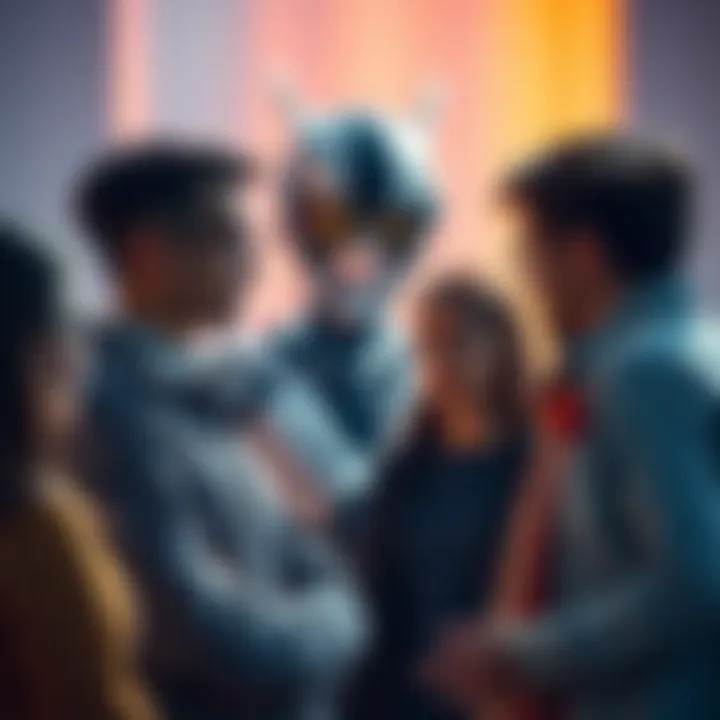 AI and human dialogue A group of diverse people engaging in a conversation about the pros and cons of AI technology, with a robot in the background symbolizing generative AI.