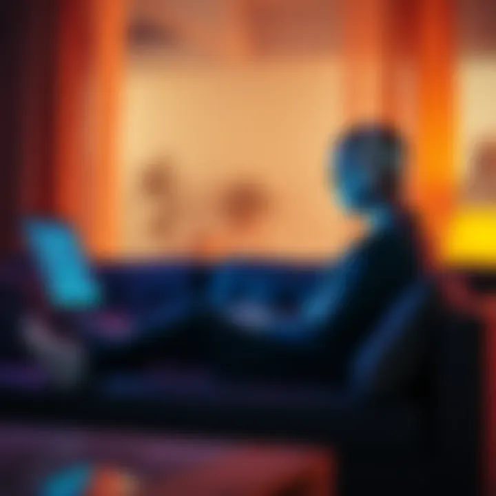 AI Conversation for Emotional Support A person sitting on a couch, talking to a laptop displaying a chat interface, symbolizing AI conversation for emotional support.