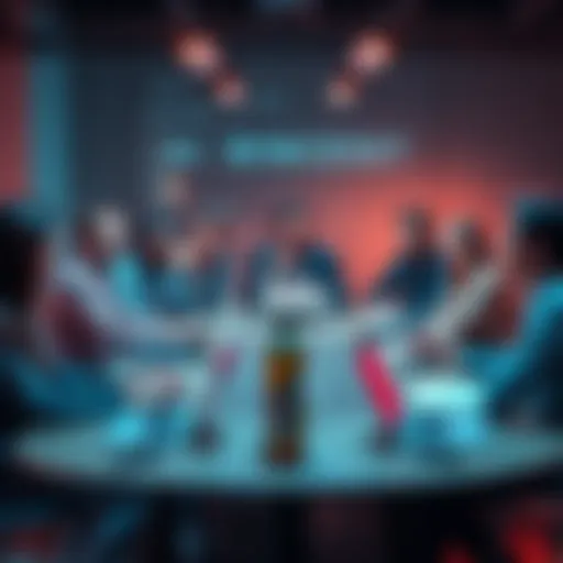 A group of people discussing the implications of AI successes around a table, with laptops and notes, showing mixed emotions.