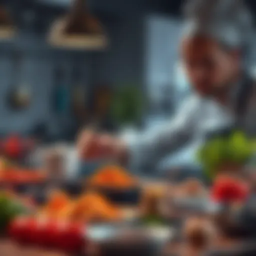 A chef uses a tablet with ChatGPT to create a new recipe, surrounded by fresh ingredients and cooking tools.
