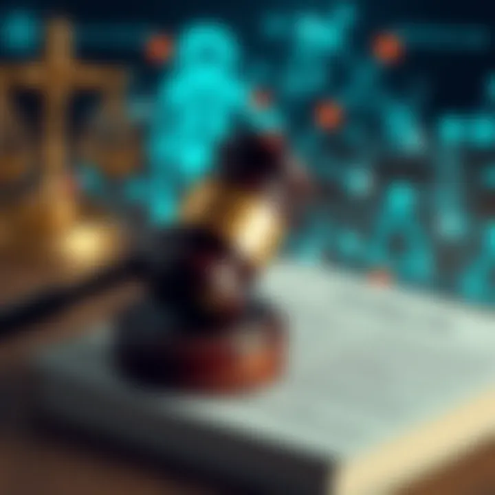 A gavel resting on a legal book with digital elements representing AI technology in the background.