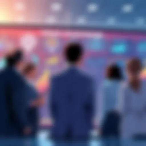 An illustration showing a group of business people discussing strategies in front of a digital board displaying AI concepts and graphs.