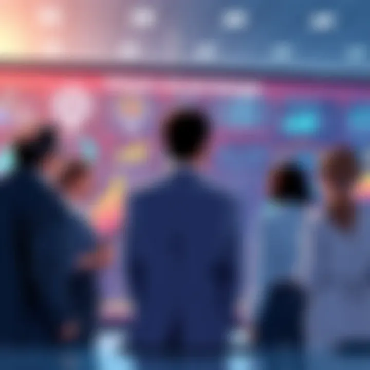 An illustration showing a group of business people discussing strategies in front of a digital board displaying AI concepts and graphs.