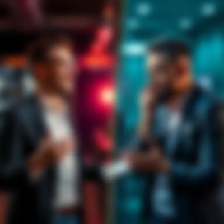 A split image showing an enthusiastic instructor presenting an AI course on one side and a frustrated business owner dealing with AI's operational issues on the other side.