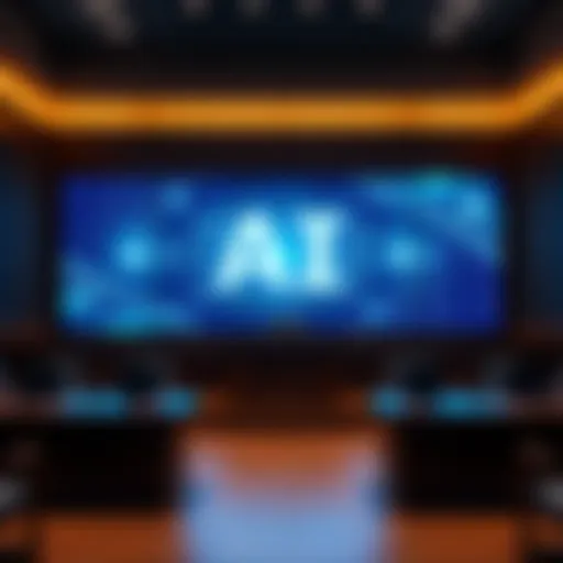 An artificial intelligence display showing binary code and legal symbols in a courtroom setting, symbolizing the debate on government regulations over AI.