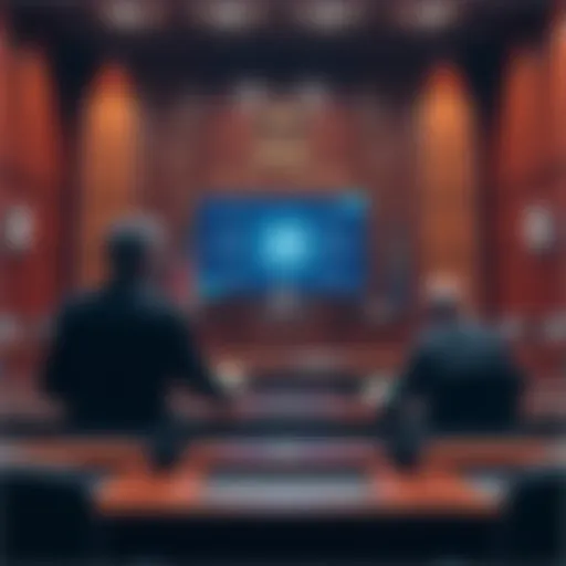 A courtroom scene with a judge, lawyers, and a digital screen displaying AI-related legal documents, illustrating the impact of artificial intelligence on legal proceedings.