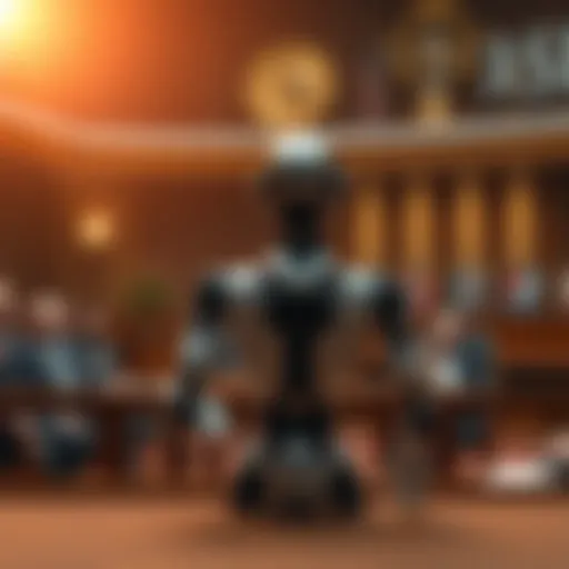 An anthropomorphic AI figure stands in a futuristic courtroom, addressing a diverse group of human jurors.