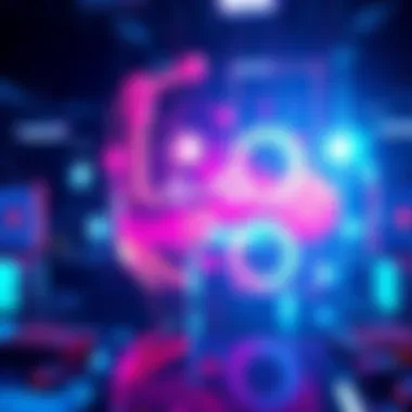 A futuristic scene showing an AI artist generating new art forms without traditional mediums like paint or film, showcasing vibrant colors and abstract shapes.