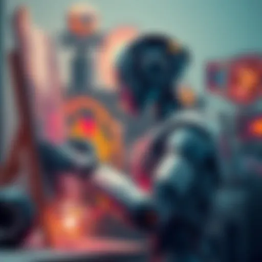 A robot artist painting on a canvas while film reels and digital art surround it, symbolizing AI's influence on creativity in film, art, and advertising.