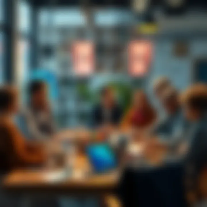 A group of people engaged in a lively discussion about the use of AI in creative arts, with laptops and art supplies on the table
