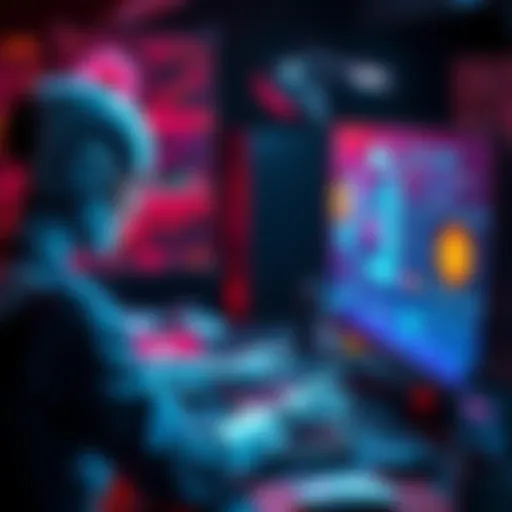 A digital artist using AI software to create design prototypes on a computer, showcasing a blend of technology and creativity.