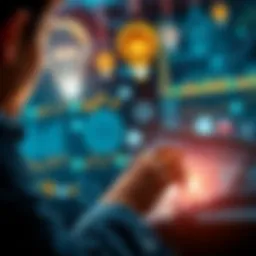 A person using a digital tablet to brainstorm ideas, with glowing lightbulbs representing creativity floating above.