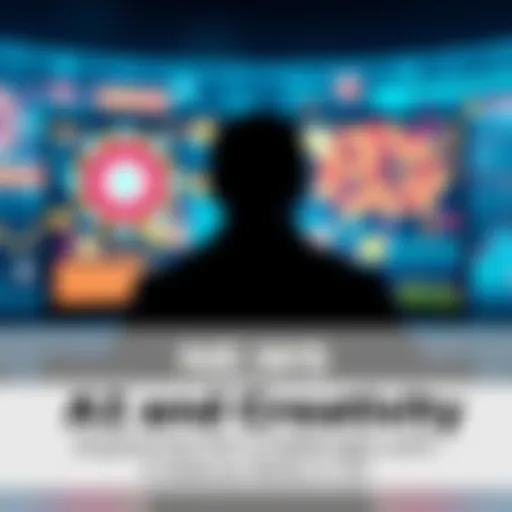 A person brainstorming ideas in front of a computer with AI graphics on the screen