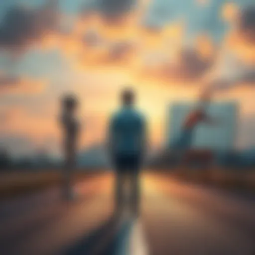 A person stands at a crossroads, faced with a robot symbolizing AI on one side and a canvas representing art on the other, highlighting the tension between technology and creativity.