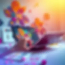 A person using a tablet to create digital art with the help of AI tools, surrounded by colorful artwork and musical notes. The setting is bright and inspiring, showcasing creativity and technology.