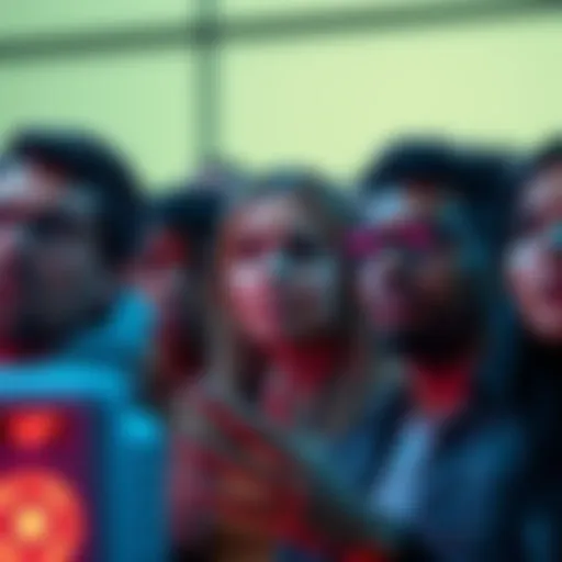 A group of people expressing mixed emotions while watching AI technology presentations, showing humor and concern on their faces.