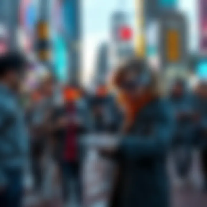 A diverse group of people using technology with AI assistance in a city setting.