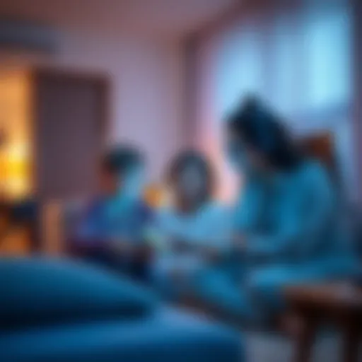 A family using smart home technology with an AI assistant in a modern living room