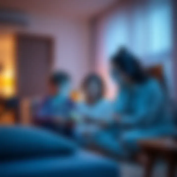AI in Daily Life A family using smart home technology with an AI assistant in a modern living room