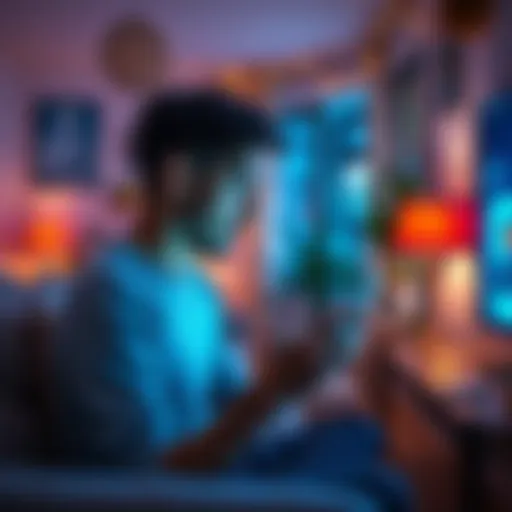 A person using a smartphone with AI applications in a cozy home setting, engaging in conversation about technology