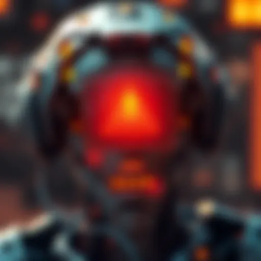 A visual representation of artificial intelligence with warning signs, symbolizing the risks of unaligned AGI for humanity.