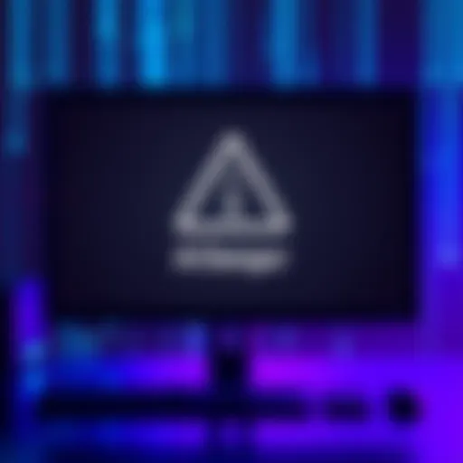 A dark computer screen with a warning sign, highlighting the risks of AI technology.